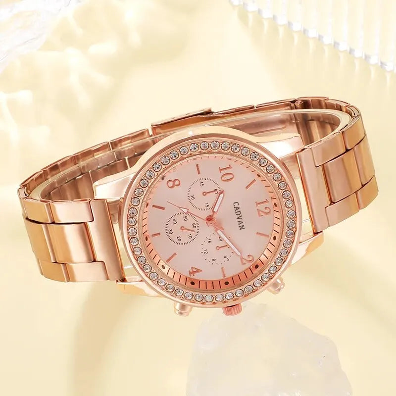 Damenuhr Set mit Halskette, Ohrringe, Armband und Ring (Rose Gold)
