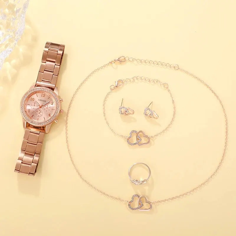 Damenuhr Set mit Halskette, Ohrringe, Armband und Ring (Rose Gold)