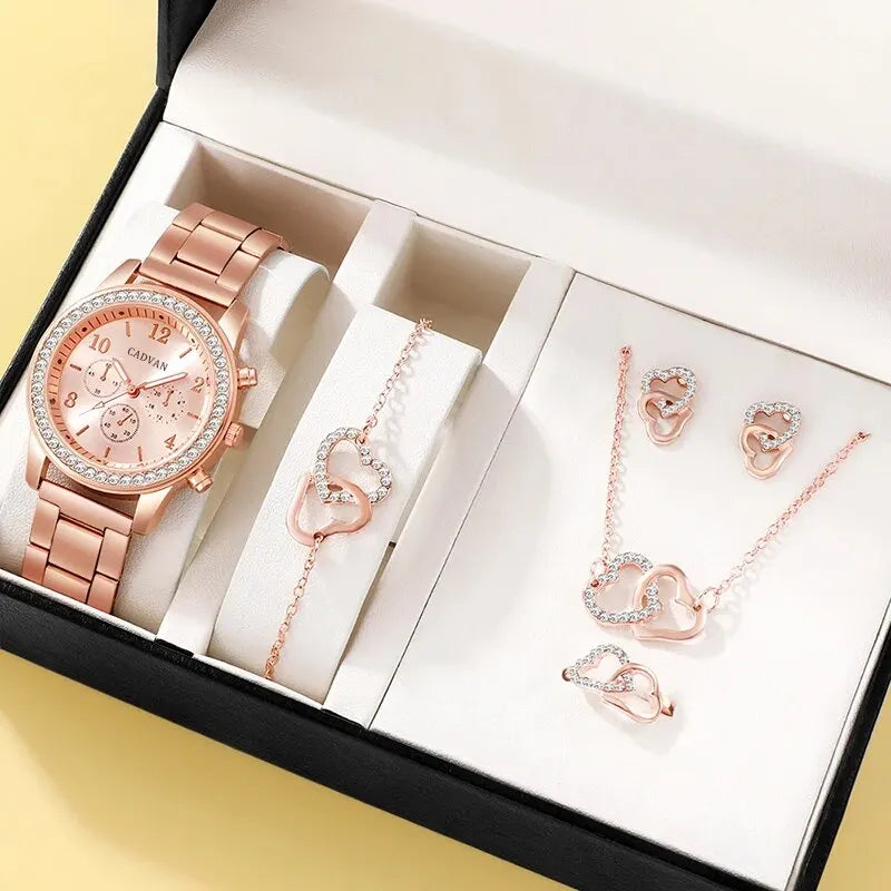 Damenuhr Set mit Halskette, Ohrringe, Armband und Ring (Rose Gold)