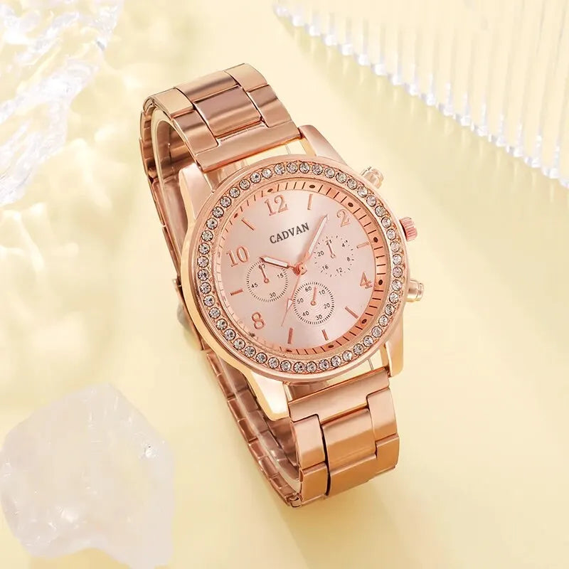 Damenuhr Set mit Halskette, Ohrringe, Armband und Ring (Rose Gold)