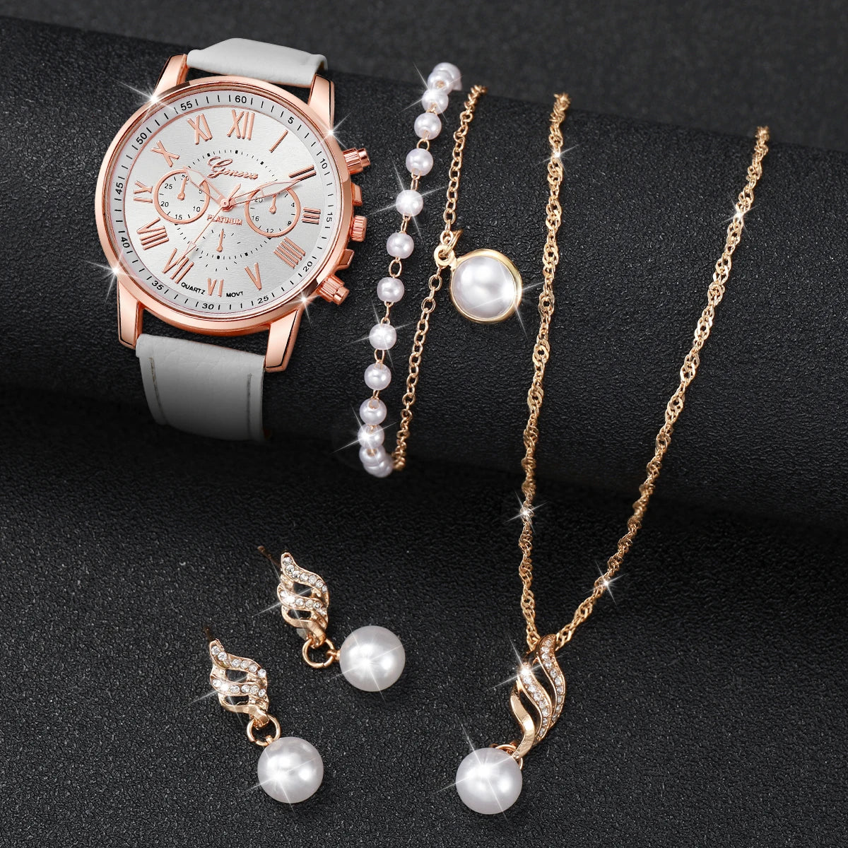 Damenuhr Set mit Halskette, Ohrringe und Armband (Perle)